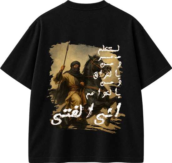 A black short-sleeve T-shirt shown flat against a white background, featuring a large graphic print on the front. The print depicts a historical scene of a rider on horseback with Arabic calligraphy overlaid in white.