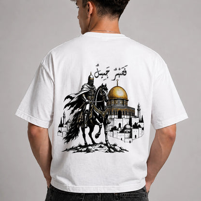 White t-shirt with a graphic design of a horse and architectural elements on the back, worn by a person.