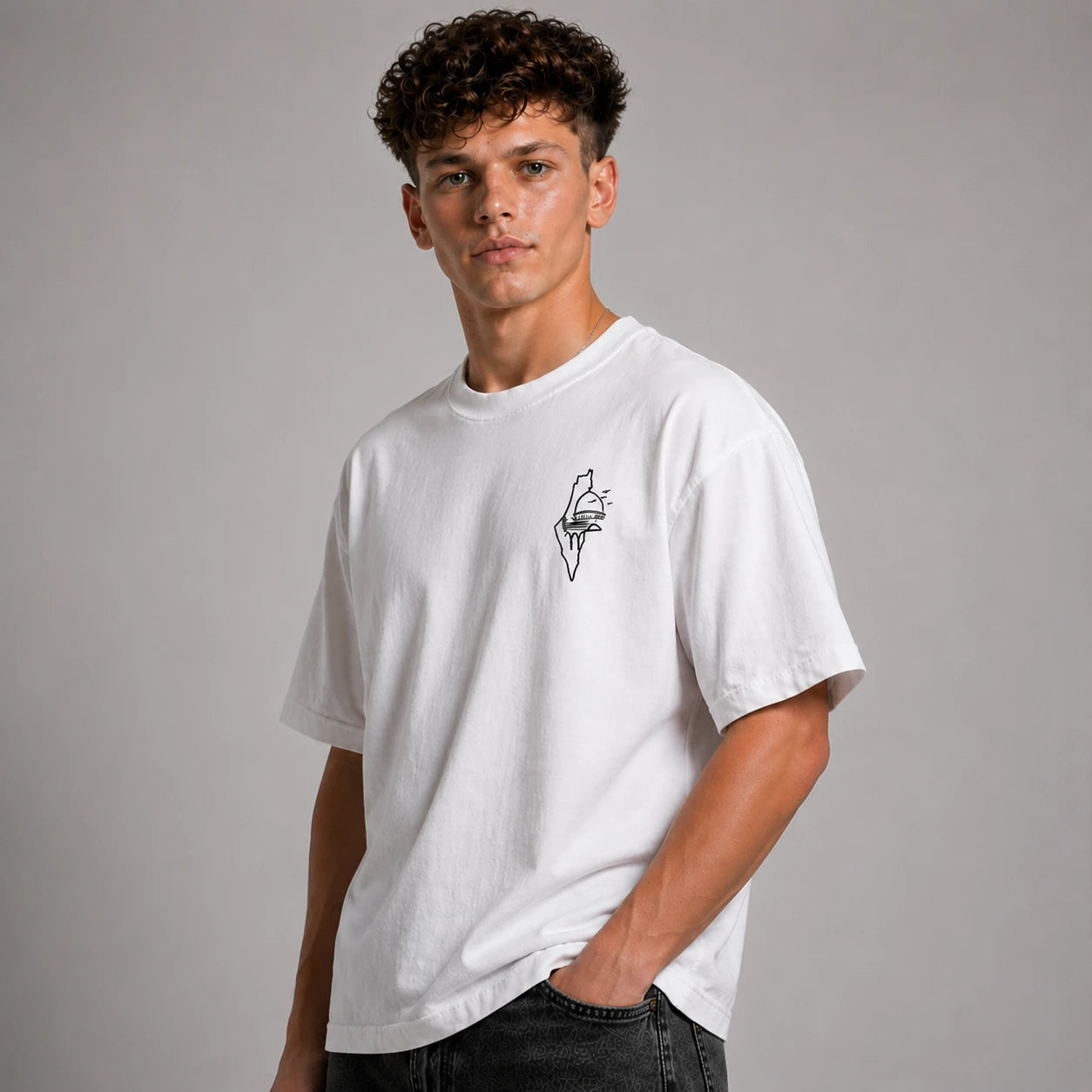 Person wearing a white t-shirt with a small graphic on a gray background