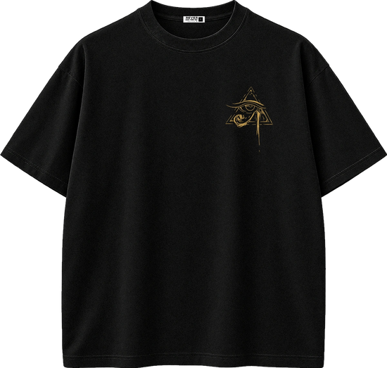 A black short-sleeve crewneck t-shirt with a small gold graphic on the left chest depicting an eye inside a triangle.