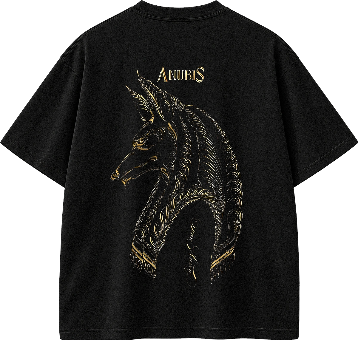 A black short-sleeve t-shirt shown from the back, featuring a large gold graphic of the Anubis horse head and the word 'ANUBIS' printed in gold above it, set against a plain white background.