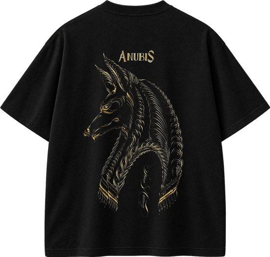 A black short-sleeve t-shirt shown from the back, featuring a large gold graphic of the Anubis horse head and the word 'ANUBIS' printed in gold above it, set against a plain white background.