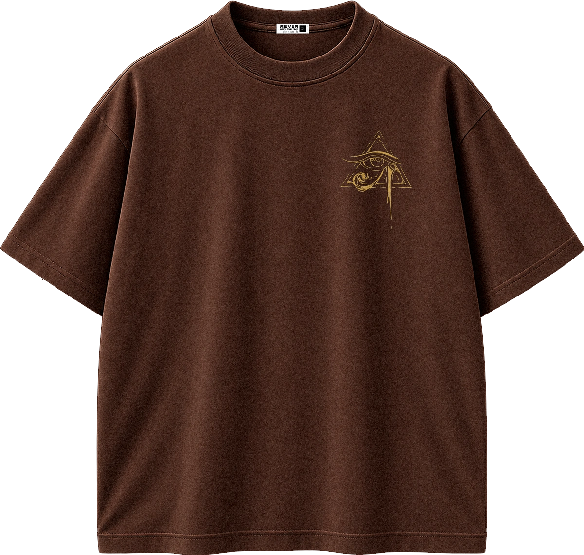 A brown short-sleeve crewneck t-shirt with a small beige embroidered graphic on the left chest, displayed on a clean white background.