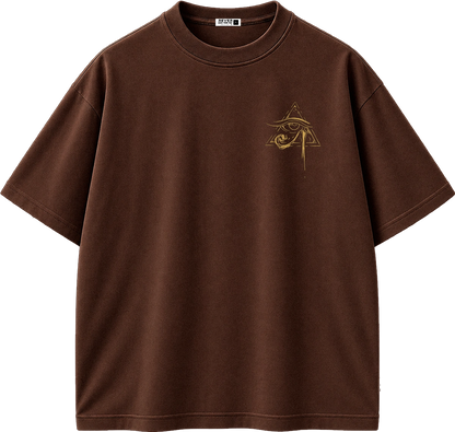 A brown short-sleeve crewneck t-shirt with a small beige embroidered graphic on the left chest, displayed on a clean white background.