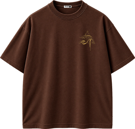 A brown short-sleeve crewneck t-shirt with a small beige embroidered graphic on the left chest, displayed on a clean white background.