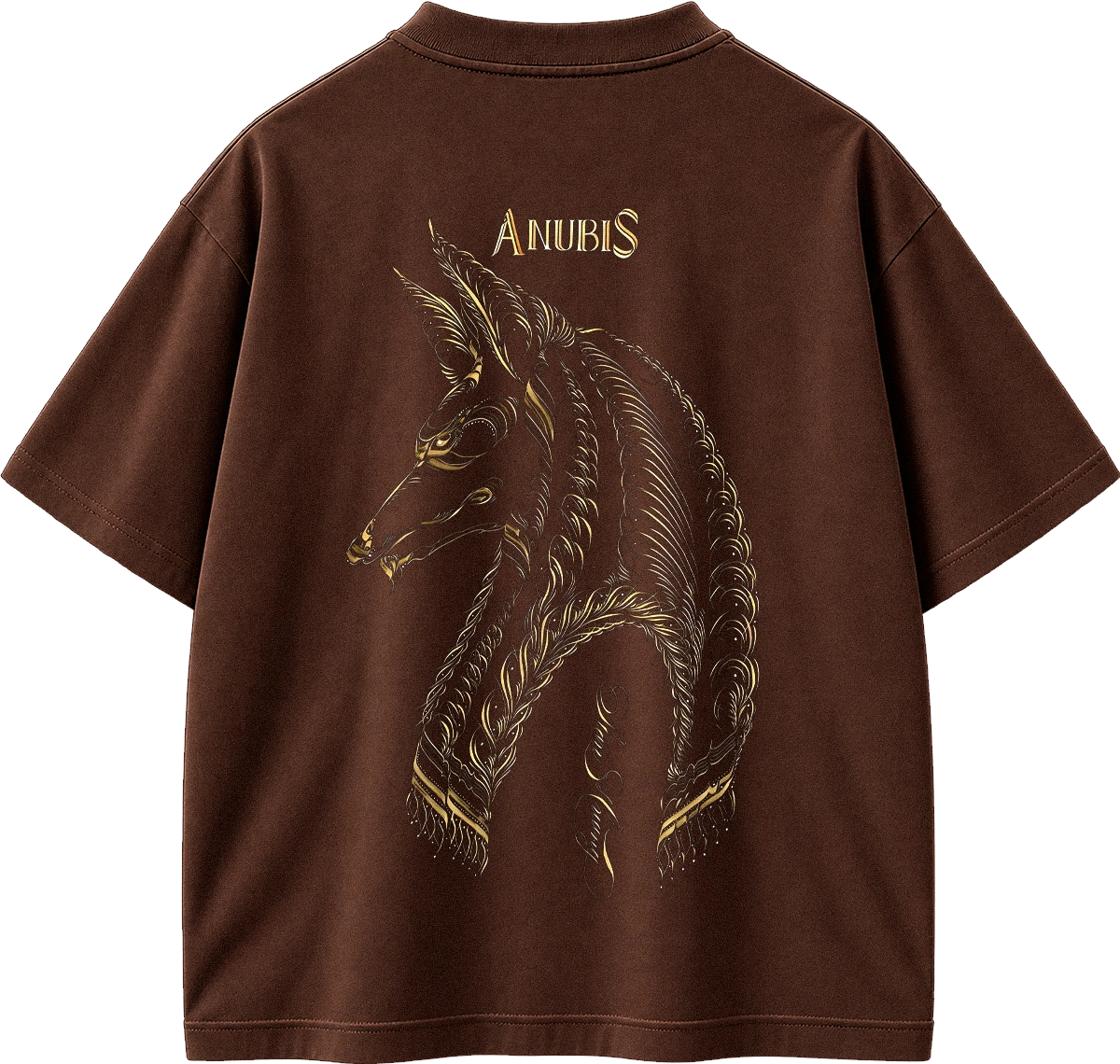 A brown short-sleeve t-shirt shown from the back, featuring a large gold-toned graphic of a horned animal head with the word 'ANUBIS' printed above it.