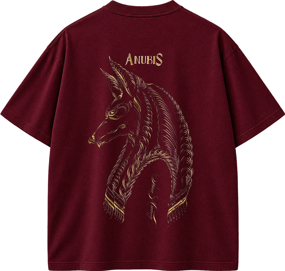 A maroon short-sleeve t-shirt shown from the back, featuring a large gold-toned graphic of the Anubis horse head with the word 'ANUBIS' printed above it.