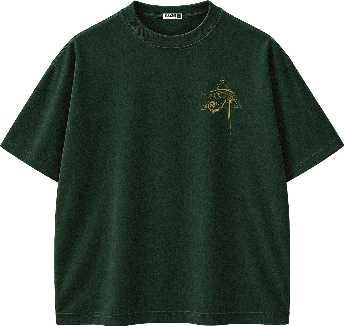A dark forest green short-sleeve t-shirt with a small gold graphic of an eye inside a pyramid on the left chest, displayed on a clean white background.