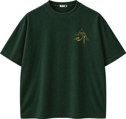 A dark forest green short-sleeve t-shirt with a small gold graphic of an eye inside a pyramid on the left chest, displayed on a clean white background.