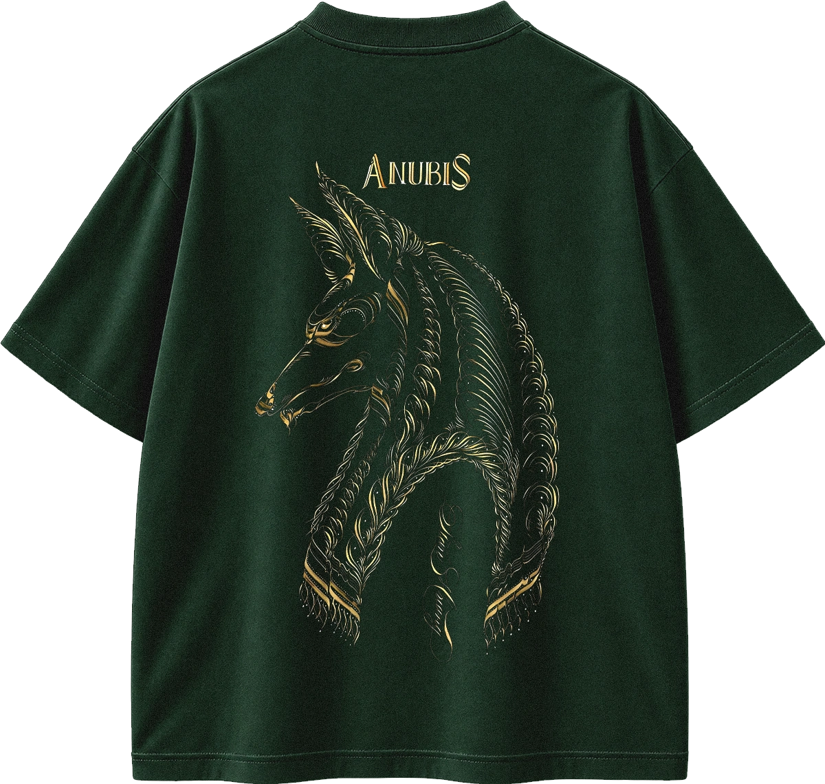 A dark forest green short-sleeve t-shirt shown from the back, featuring a large gold graphic of an Anubis horse head and the word 'ANUBIS' printed in gold above it.