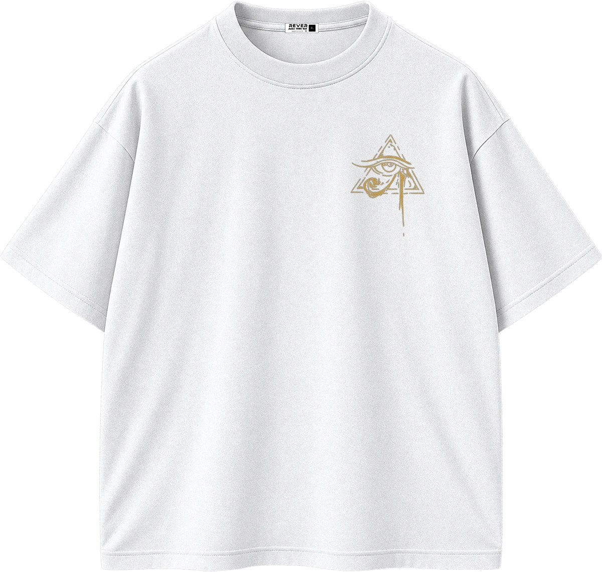 A white short-sleeve crewneck t-shirt with a small gold graphic on the left chest depicting an eye inside a triangle.