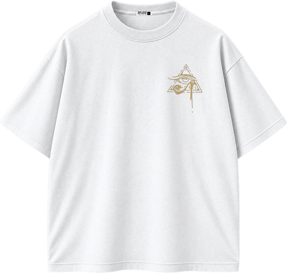 A white short-sleeve crewneck t-shirt with a small gold graphic on the left chest depicting an eye inside a triangle.