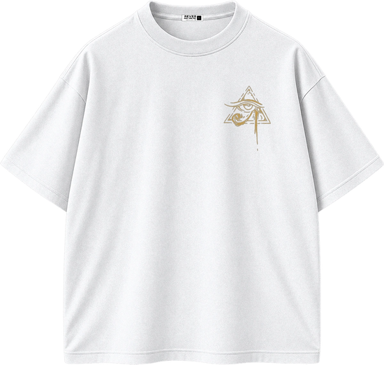 A white short-sleeve crewneck t-shirt with a small gold graphic on the left chest depicting an eye inside a triangle.