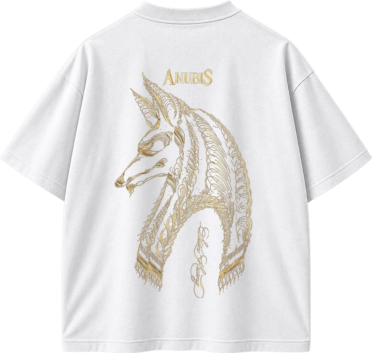 White short-sleeve T-shirt shown from the back, featuring a large gold Anubis graphic and the word 'ANUBIS' printed in gold above the illustration.