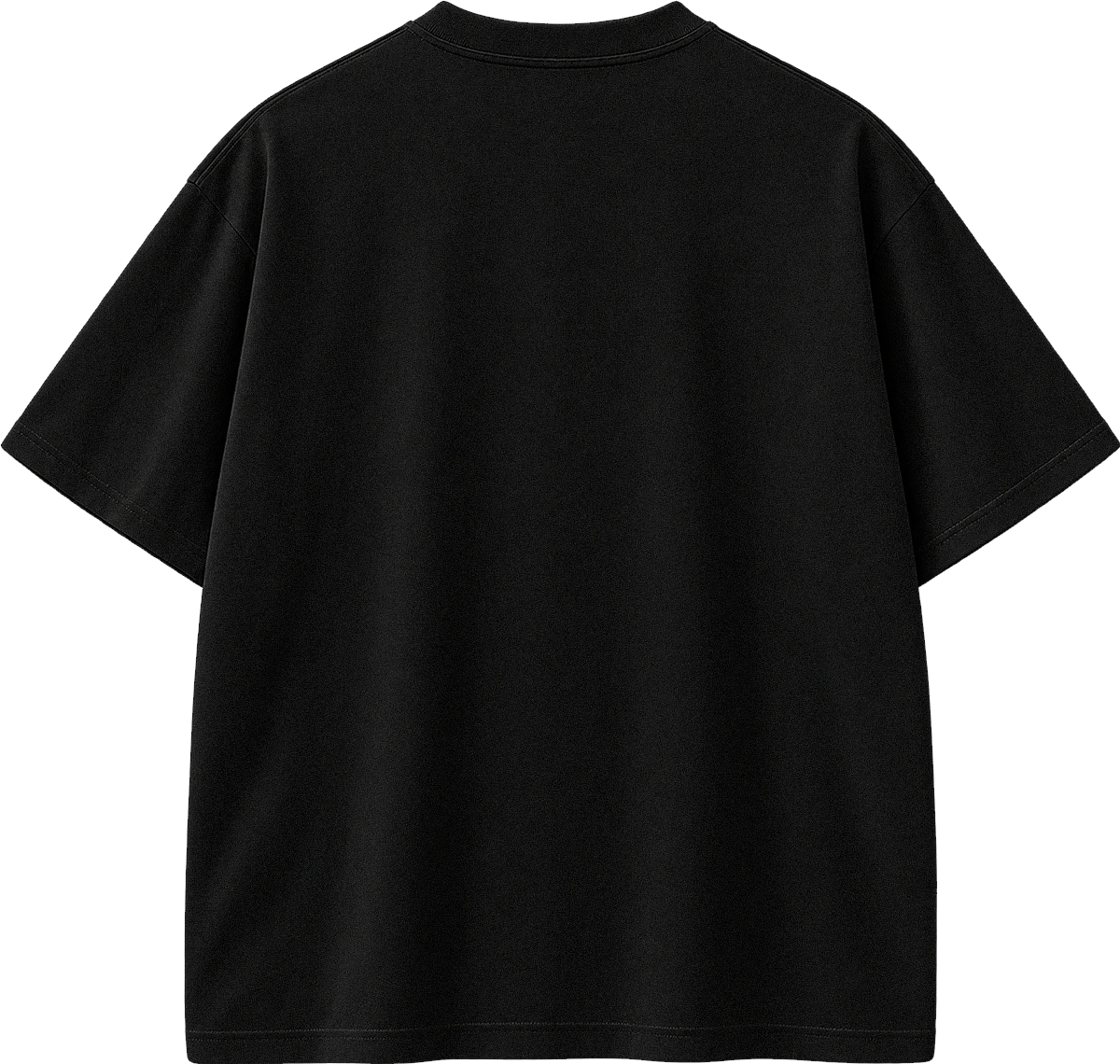 A black short-sleeve crewneck t-shirt shown from the back, photographed flat against a solid white background.