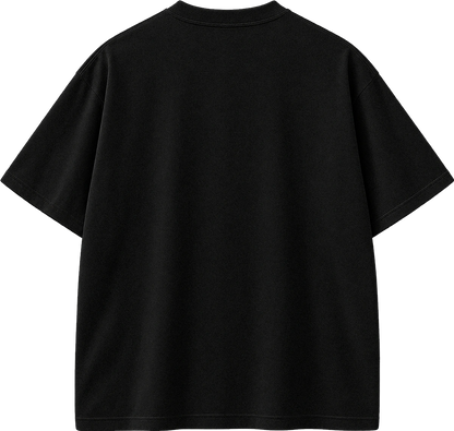 A black short-sleeve crewneck t-shirt shown from the back, photographed flat against a solid white background.
