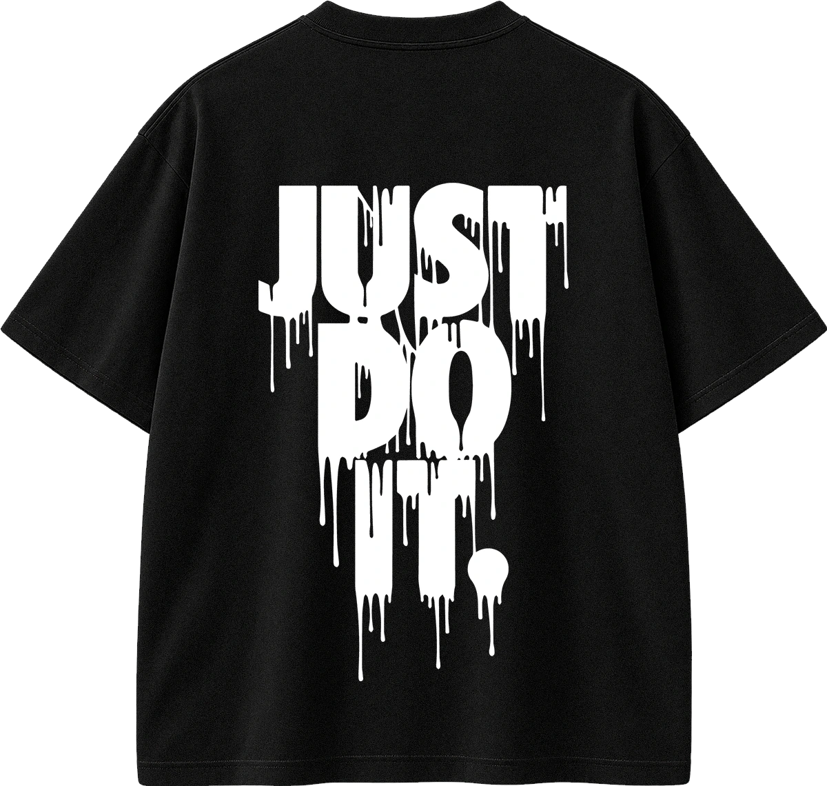 A black short-sleeve t-shirt with a large white dripping graphic text reading 'JUST DO IT.' on the front, shown against a plain white background.