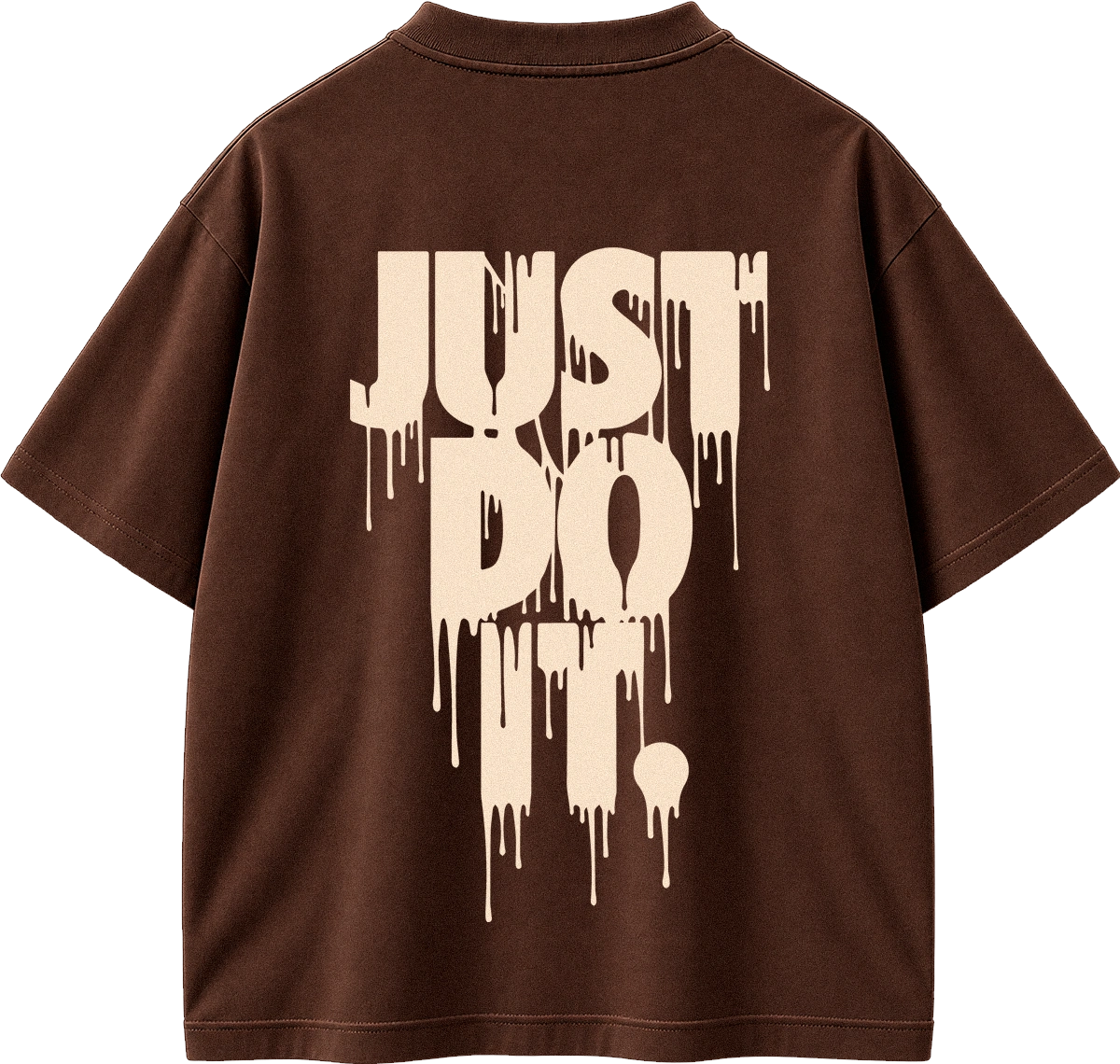 A brown short-sleeve t-shirt shown from the back, featuring a large cream-colored dripping text graphic that reads 'JUST DO IT.' on the back.