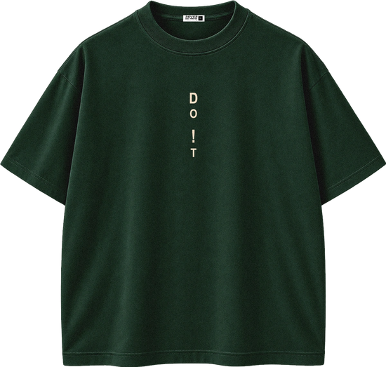 A dark forest green short-sleeve t-shirt with the word 'DO IT' printed vertically in light beige on the center chest, displayed on a clean white background.