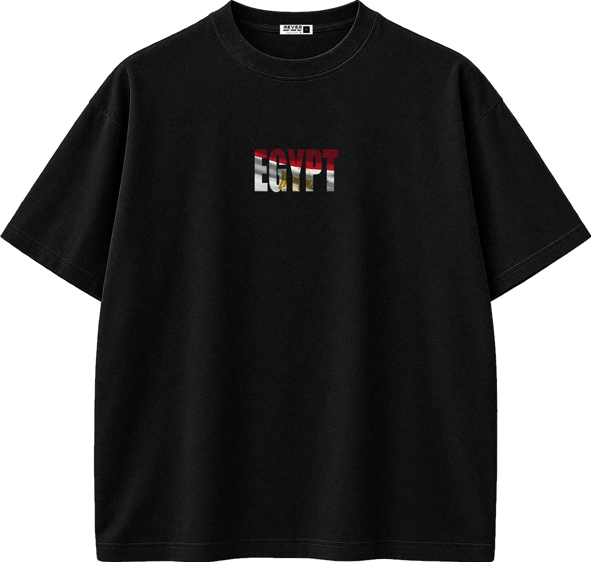 A black short-sleeve crewneck t-shirt featuring a chest graphic that reads 'EGYPT' in a distressed flag pattern of red, white, black, and gold. The shirt is displayed flat against a solid white background.
