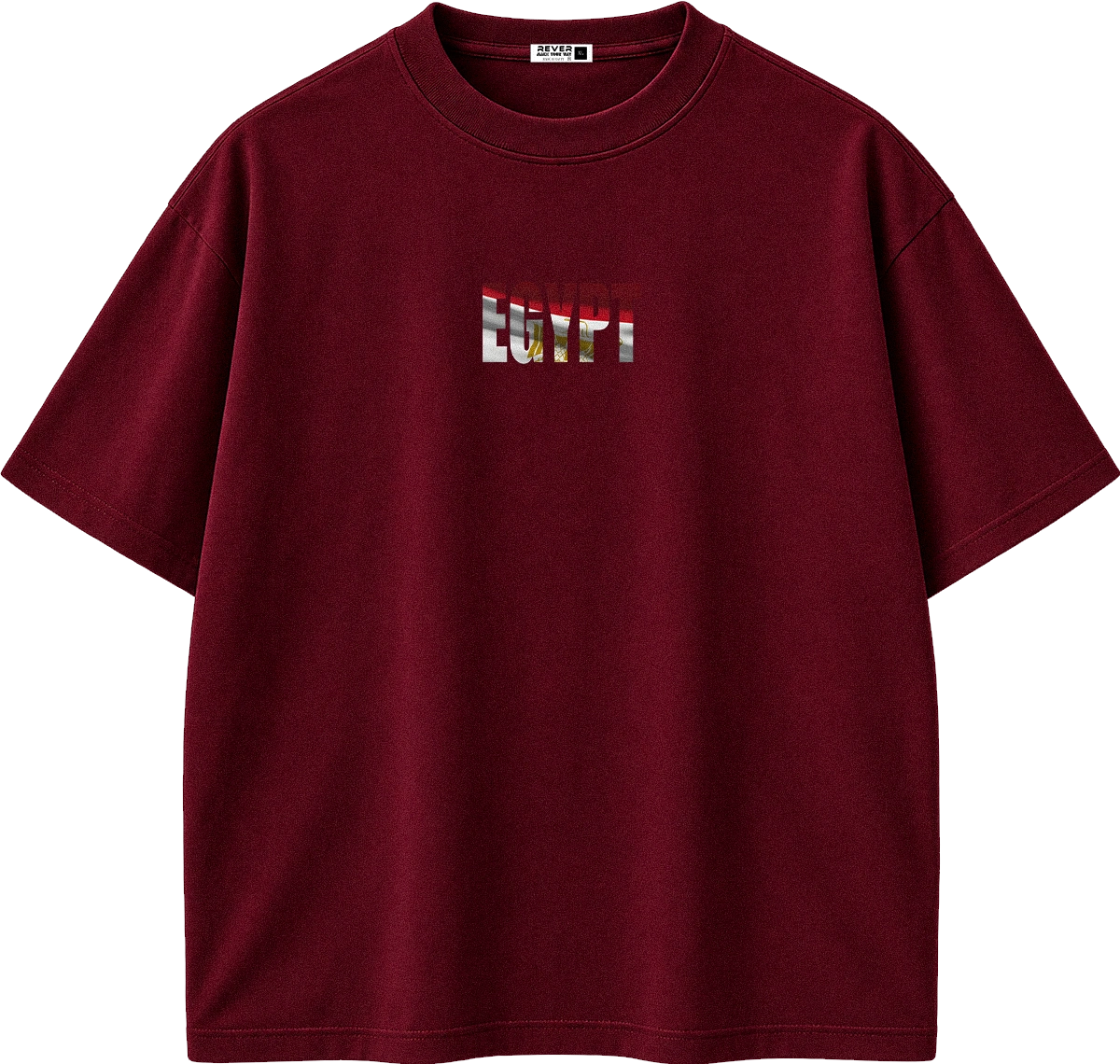 A dark red short-sleeve crewneck t-shirt with a small chest graphic featuring the word 'REVIVAL' in a distressed, layered red, white, and gold design. The shirt is displayed flat against a solid white background.