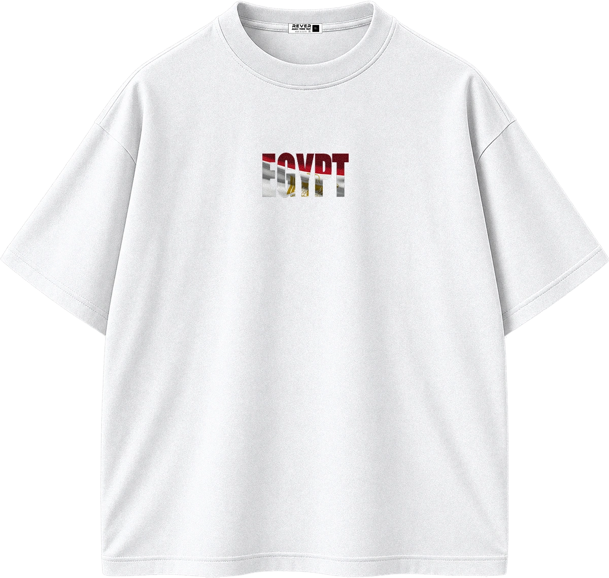 A white short-sleeve crewneck t-shirt with a graphic print on the chest spelling 'EGYPT' in the style of the Egyptian flag, featuring red, white, and green horizontal stripes with a golden eagle silhouette in the center.