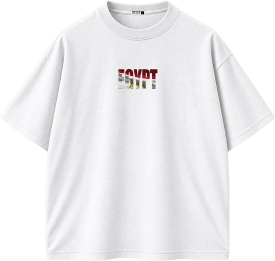 A white short-sleeve crewneck t-shirt with a graphic print on the chest spelling 'EGYPT' in the style of the Egyptian flag, featuring red, white, and green horizontal stripes with a golden eagle silhouette in the center.