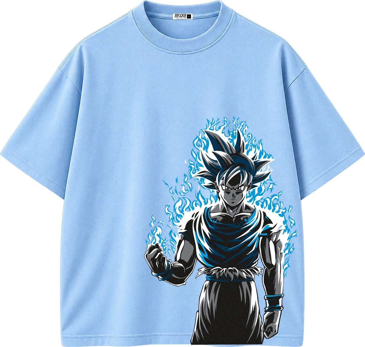 A light blue short-sleeve crewneck t-shirt featuring a large graphic print of the anime character Goku in a black and blue outfit with blue energy effects, shown against a plain white background.