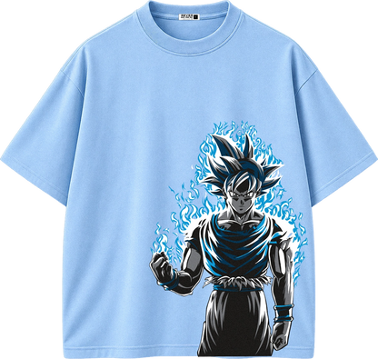 A light blue short-sleeve crewneck t-shirt featuring a large graphic print of the anime character Goku in a black and blue outfit with blue energy effects, shown against a plain white background.