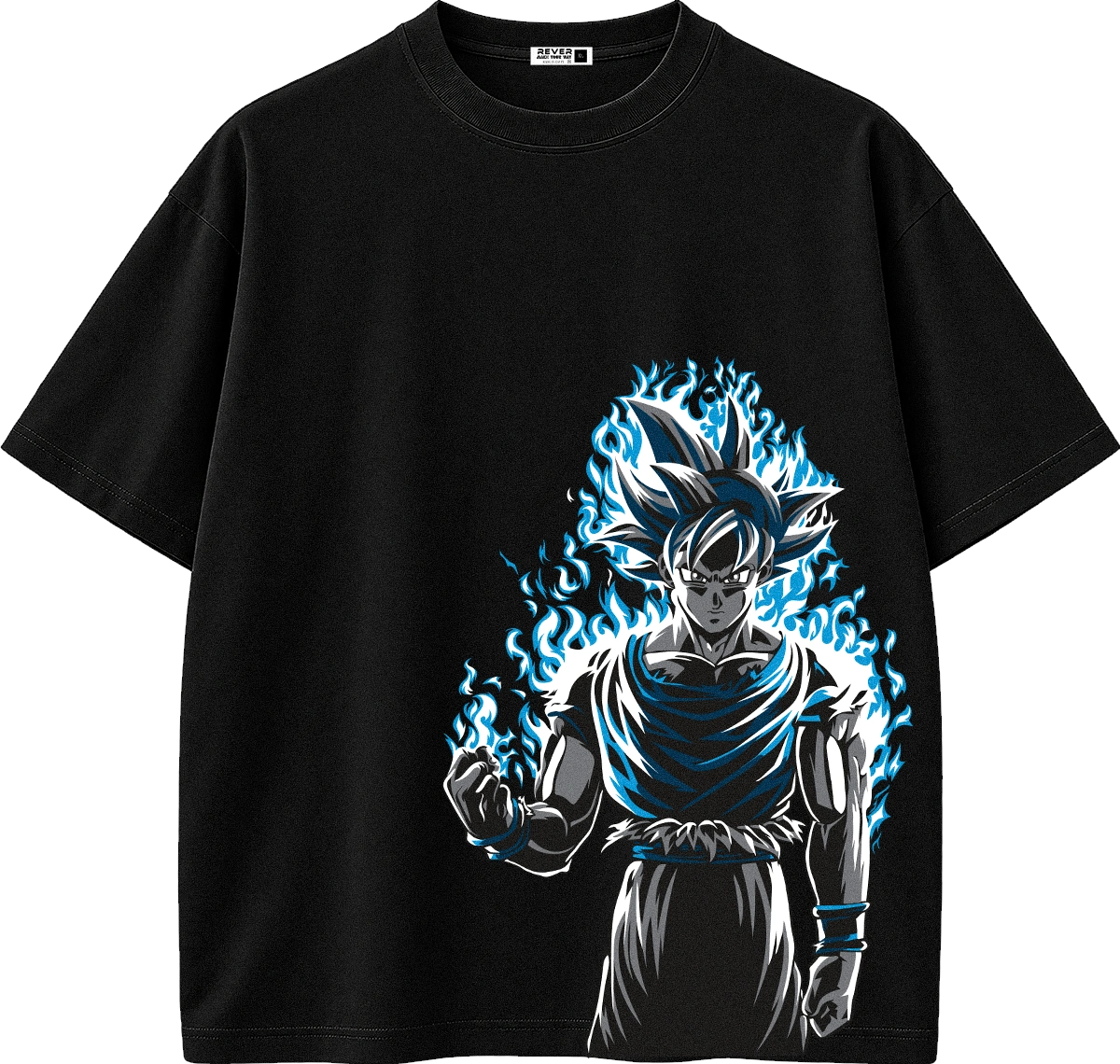 A black short-sleeve crewneck t-shirt featuring a graphic print of the anime character Goku in a blue-energy aura, displayed on a clean white background.