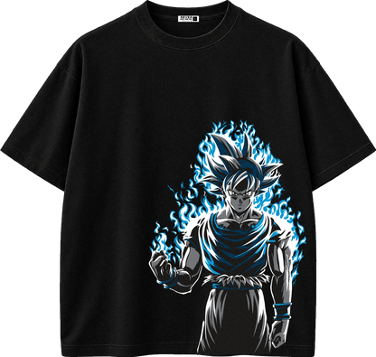 A black short-sleeve crewneck t-shirt featuring a graphic print of the anime character Goku in a blue-energy aura, displayed on a clean white background.