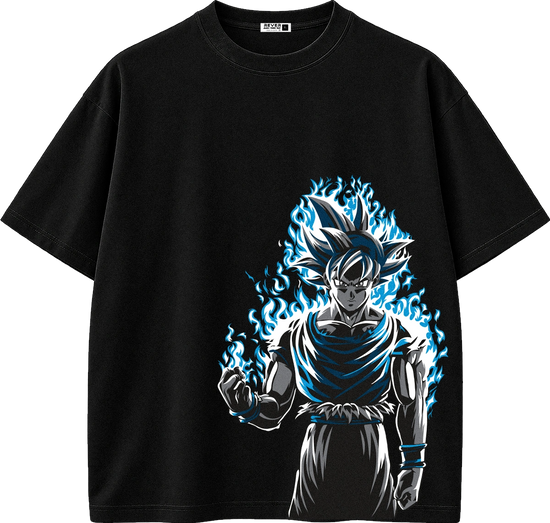 A black short-sleeve crewneck t-shirt featuring a graphic print of the anime character Goku in a blue-energy aura, displayed on a clean white background.