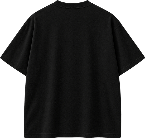 A black short-sleeve crewneck t-shirt shown from the back, photographed flat against a solid white background.