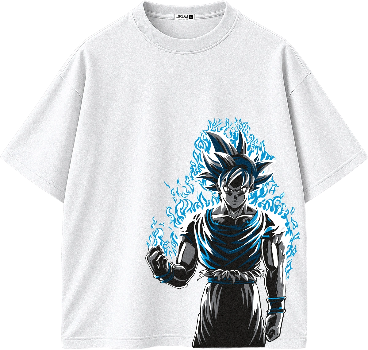 A white short-sleeve crewneck t-shirt featuring a large graphic print of the anime character Goku in a black and blue outfit with blue energy effects, displayed on a clean white background.