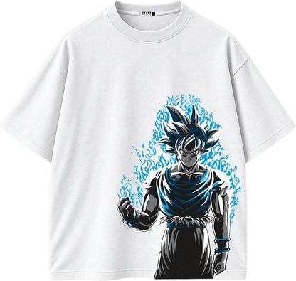 A white short-sleeve crewneck t-shirt featuring a large graphic print of the anime character Goku in a black and blue outfit with blue energy effects, displayed on a clean white background.