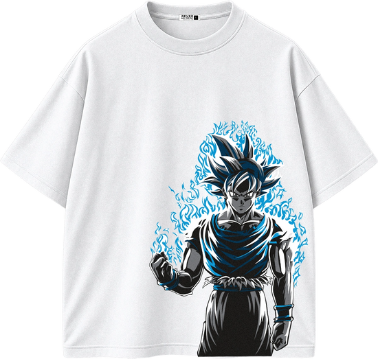 A white short-sleeve crewneck t-shirt featuring a large graphic print of the anime character Goku in a black and blue outfit with blue energy effects, displayed on a clean white background.