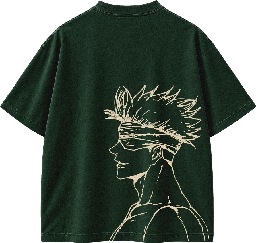 A dark forest green short-sleeve t-shirt shown from the back, featuring a large cream-colored line art graphic of a spiky-haired anime character on the back.
