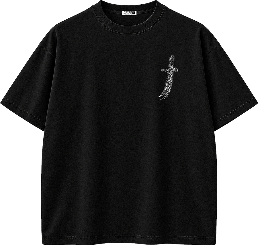 A black short-sleeve crewneck t-shirt with a small white graphic of a dagger on the left chest, displayed on a solid white background.