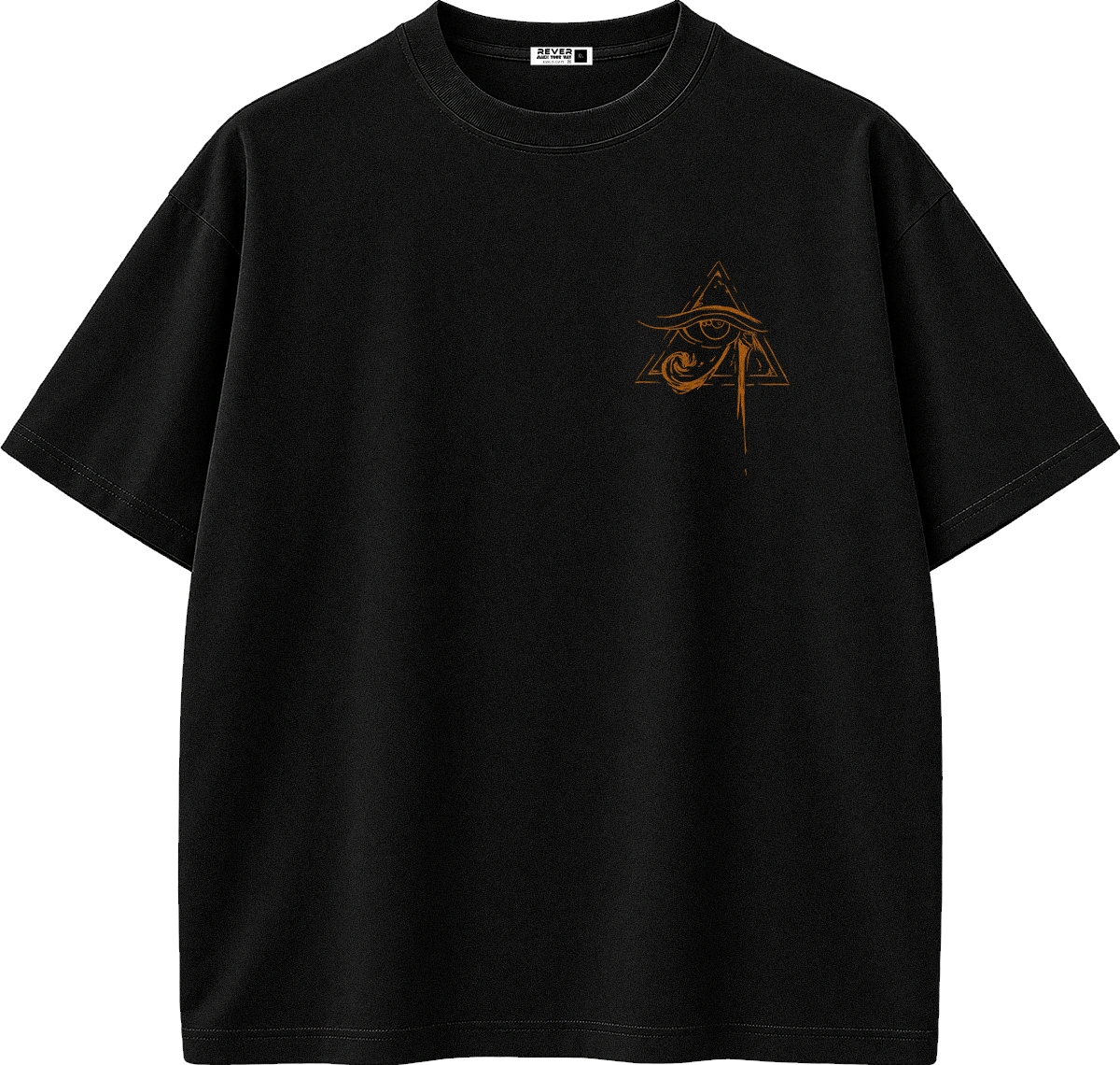 A black short-sleeve crewneck t-shirt with a small orange graphic on the left chest depicting an eye within an all-seeing triangle.