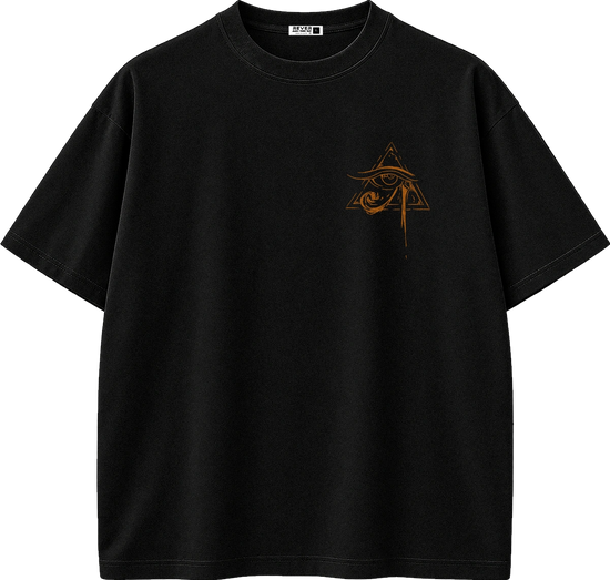 A black short-sleeve crewneck t-shirt with a small orange graphic on the left chest depicting an eye within an all-seeing triangle.