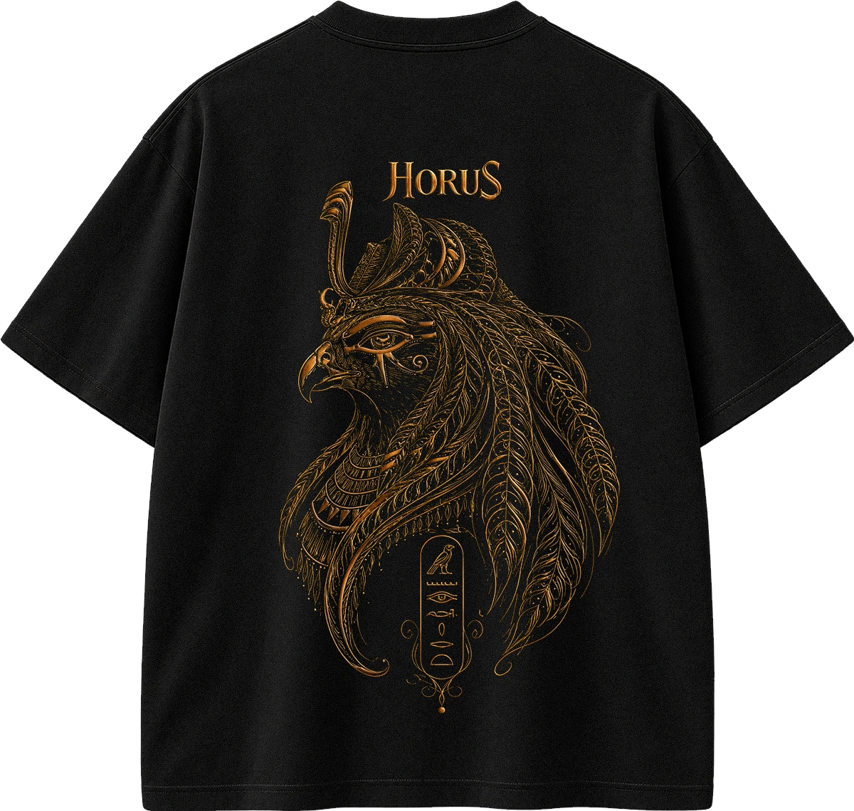 A black short-sleeve T-shirt shown flat against a white background, featuring a large ornate gold graphic of a bird head with feather-like details and the word "HORUS" printed above it.