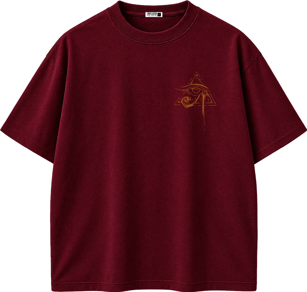A dark burgundy short-sleeve t-shirt with a small gold Egyptian eye and pyramid graphic on the left chest, displayed on a clean white background.