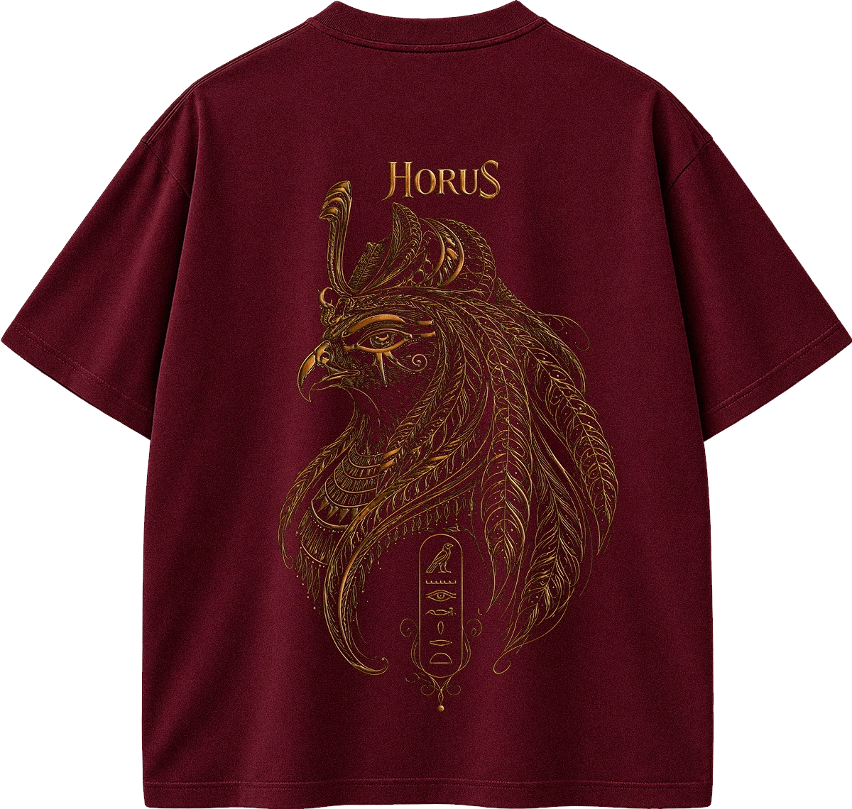 A maroon short-sleeve t-shirt with a large back graphic featuring a detailed gold Egyptian falcon illustration and the word 'HORUS' printed above it.