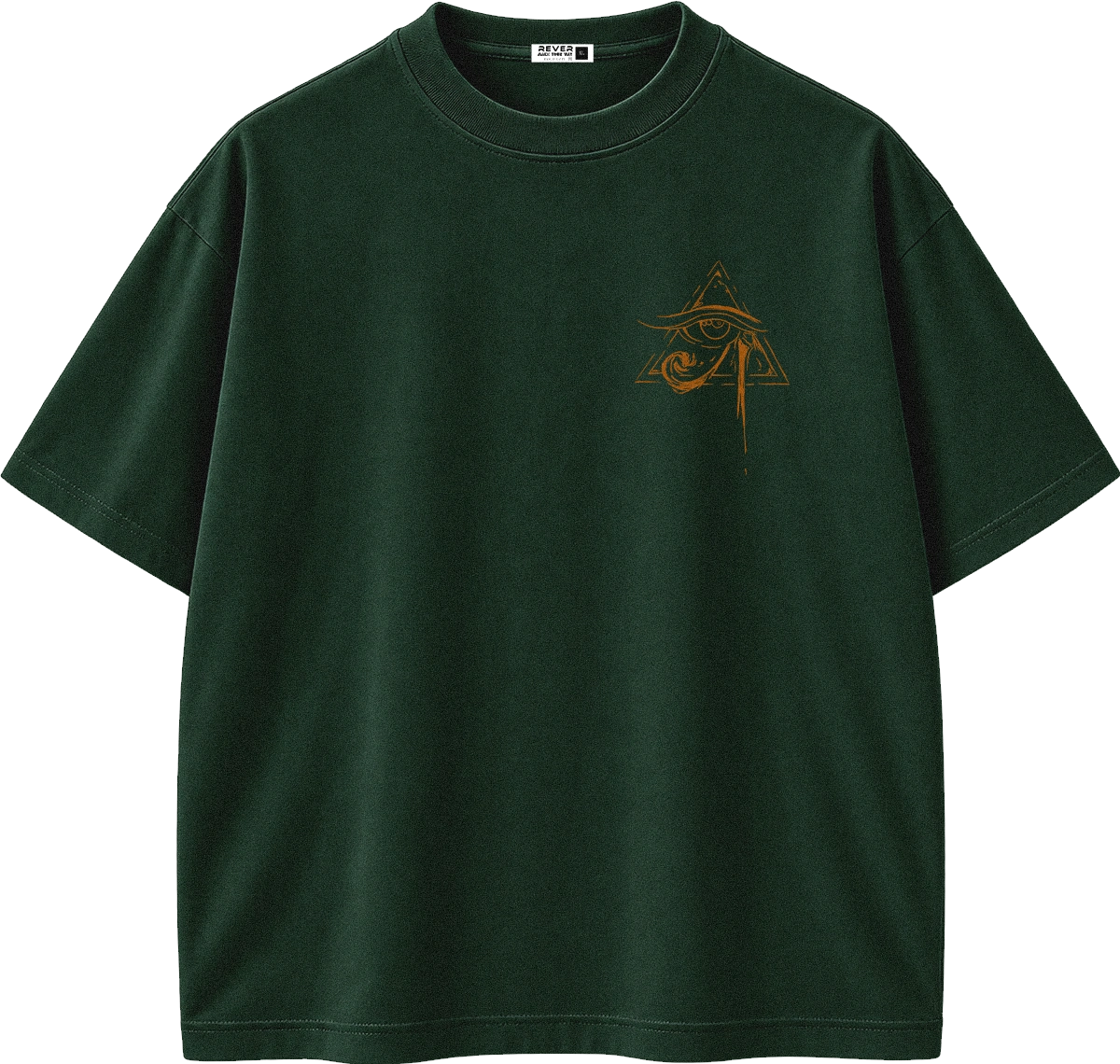 A dark forest green short-sleeve t-shirt with a small gold graphic on the left chest, displayed flat against a solid white background.