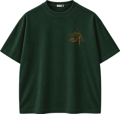 A dark forest green short-sleeve t-shirt with a small gold graphic on the left chest, displayed flat against a solid white background.