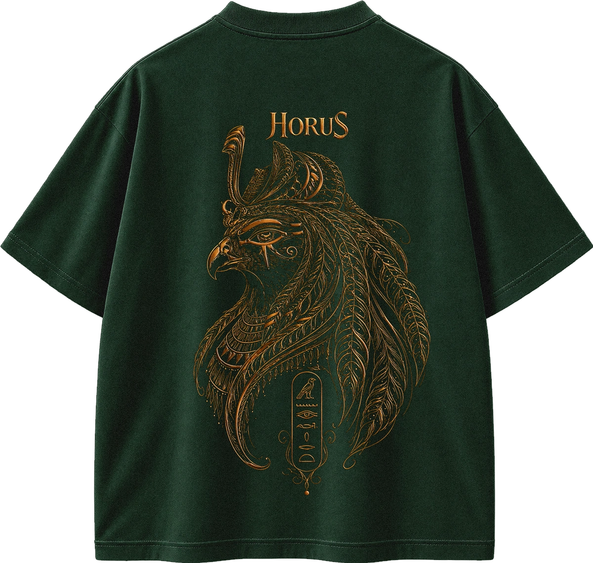 A dark forest green t-shirt shown from the back, featuring a large gold-colored graphic of Horus with Egyptian-inspired feather and serpent details, and the word 'HORUS' printed above.