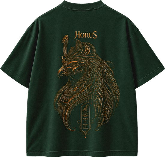 A dark forest green t-shirt shown from the back, featuring a large gold-colored graphic of Horus with Egyptian-inspired feather and serpent details, and the word 'HORUS' printed above.