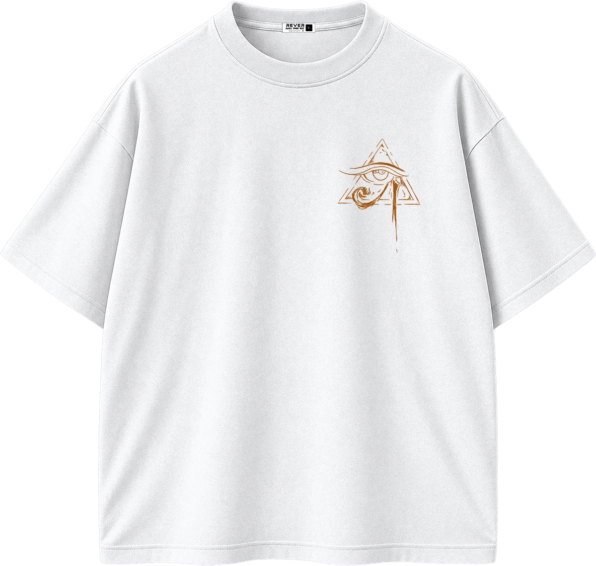 A white short-sleeve crewneck t-shirt with a small brown graphic on the left chest depicting an eye inside a triangle with a vertical line extending down.