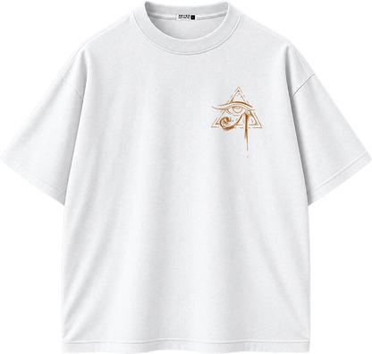A white short-sleeve crewneck t-shirt with a small brown graphic on the left chest depicting an eye inside a triangle with a vertical line extending down.
