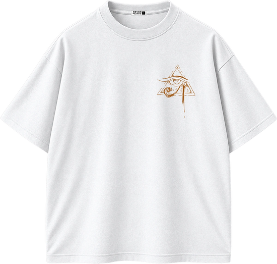 A white short-sleeve crewneck t-shirt with a small brown graphic on the left chest depicting an eye inside a triangle with a vertical line extending down.